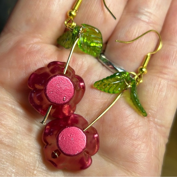 3/$25 Red Rose Earrings with Green Leaves - Picture 2 of 4